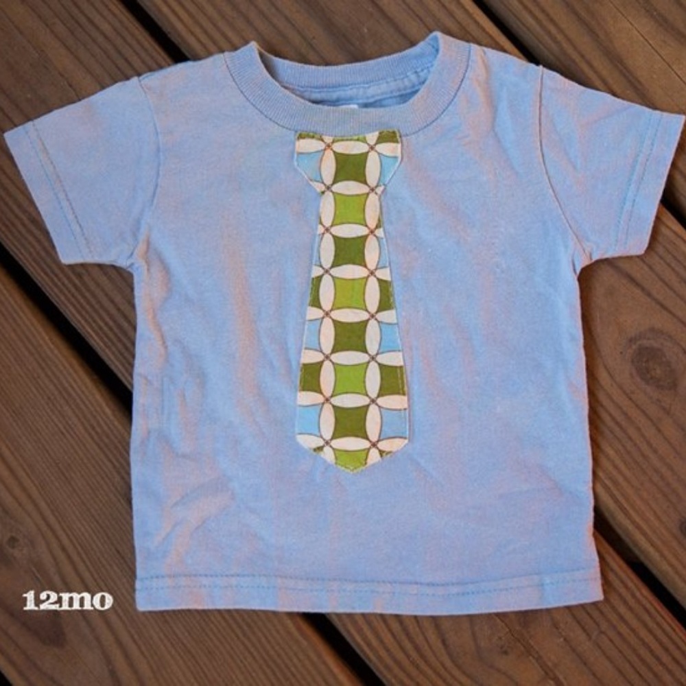 Boutique 12M Baby Boy Faux Tie Fall Tee Shirt Blue Green Retro Preppy Applique